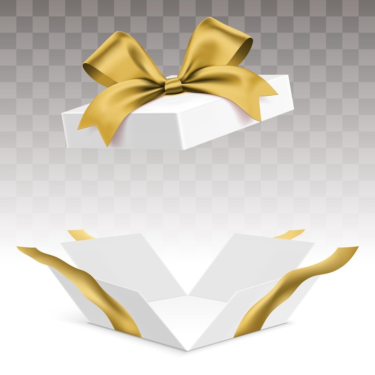 Vector caja de regalo blanca abierta con una cinta dorada brillante sobre un fondo transparente