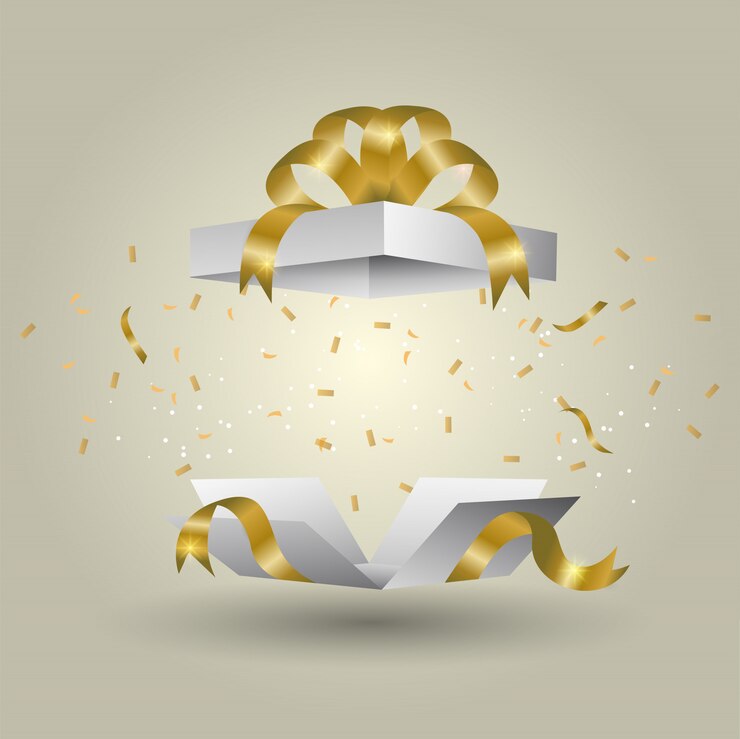 Vector una caja de regalo blanca atada con una cinta dorada explosión del fondo degradado de color dorado