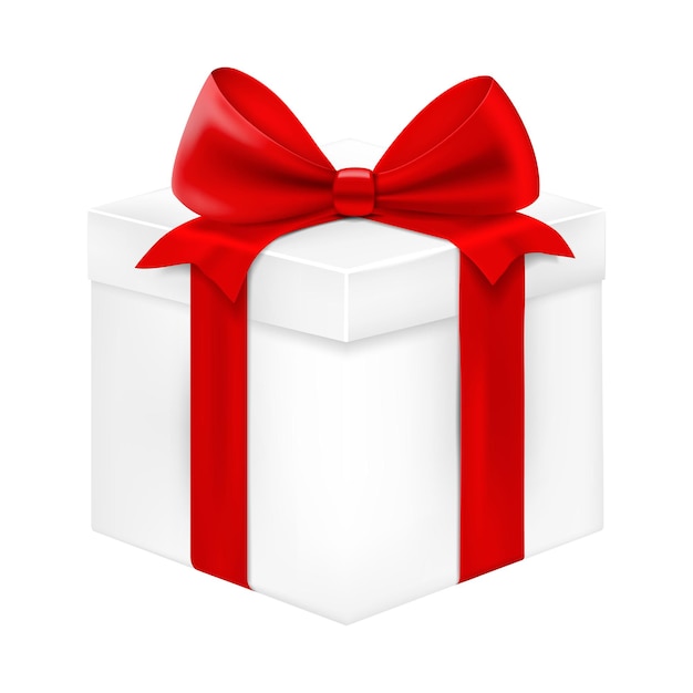 Caja de regalo blanca con cinta roja y lazo, presente aislado sobre fondo blanco. Ilustración de vector 3d realista