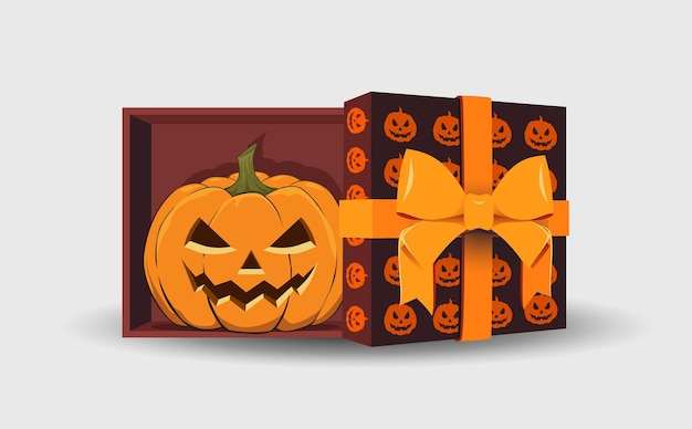 Caja de regalo con calabaza de Halloween aterradora. Diseño de concepto creativo de celebración de halloween