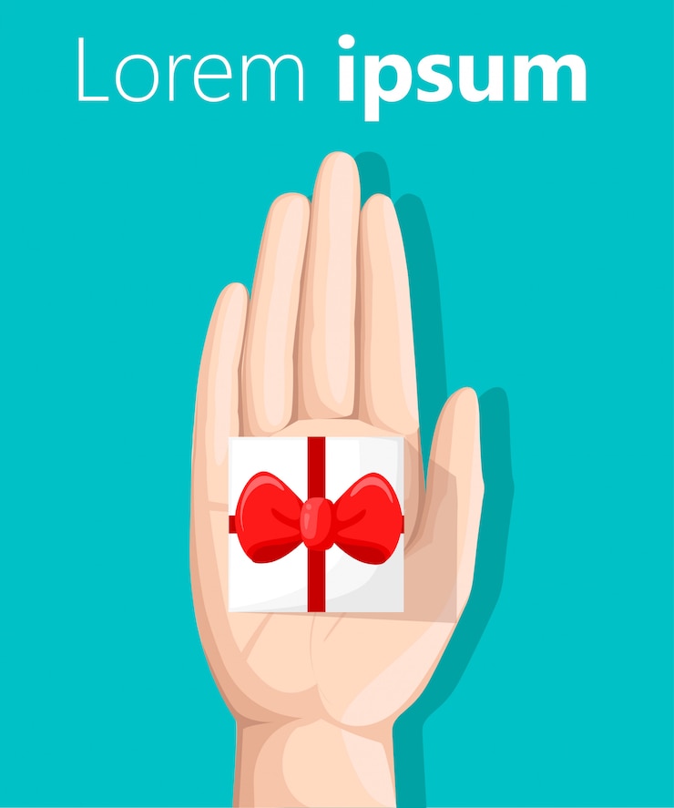 Vector caja de regalo con cinta. . banners, plantilla de diseño gráfico o sitio web. señal que señala la mano roja sobre fondo turquesa, página del sitio web y diseño de aplicaciones móviles