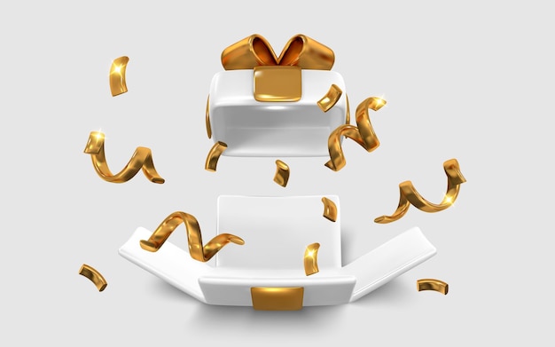 Caja de regalo con cinta dorada y explosión de confeti elegante sorpresa presente oro blanco realista en 3D