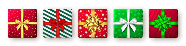 Caja de regalo con cinta verde roja y dorada y vista superior de lazo Diseño de paquete de fiesta de Año Nuevo de Navidad