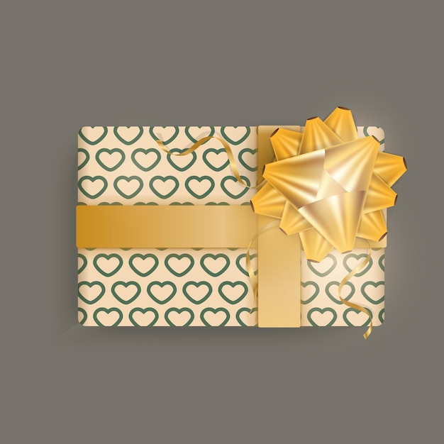 Caja de regalo de color champán realista con patrón de corazones, cintas doradas y lazo. Colores reales. Vista desde arriba. Ilustración vectorial.