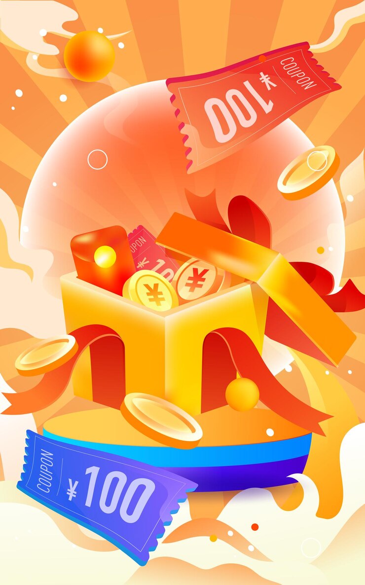Vector caja de regalo de compras en línea con monedas de oro y sobres rojos en el fondo, ilustración vectorial