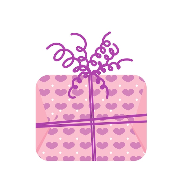 Vector caja de regalo con corazones caja de regalo de cumpleaños rosa con corazones violetas y lazo morado ilustración de stock vectorial aislado blanco eps 10