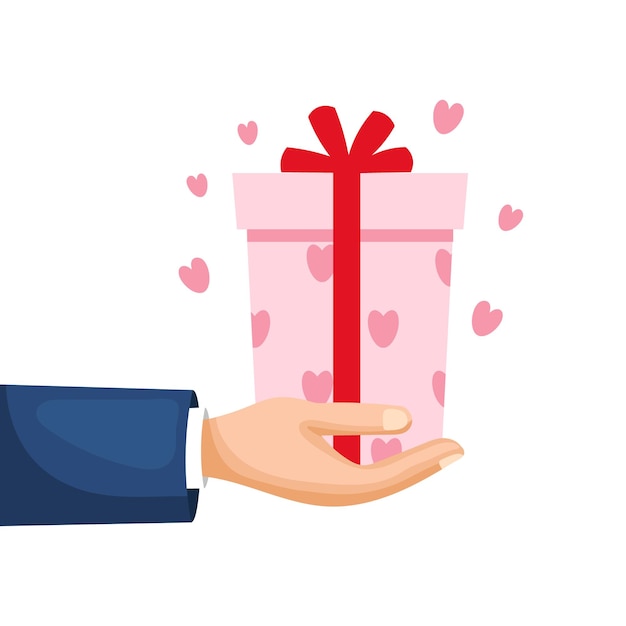 Caja de regalo con corazones en la mano. Banner de saludo feliz cumpleaños, feliz día de San Valentín. Vector