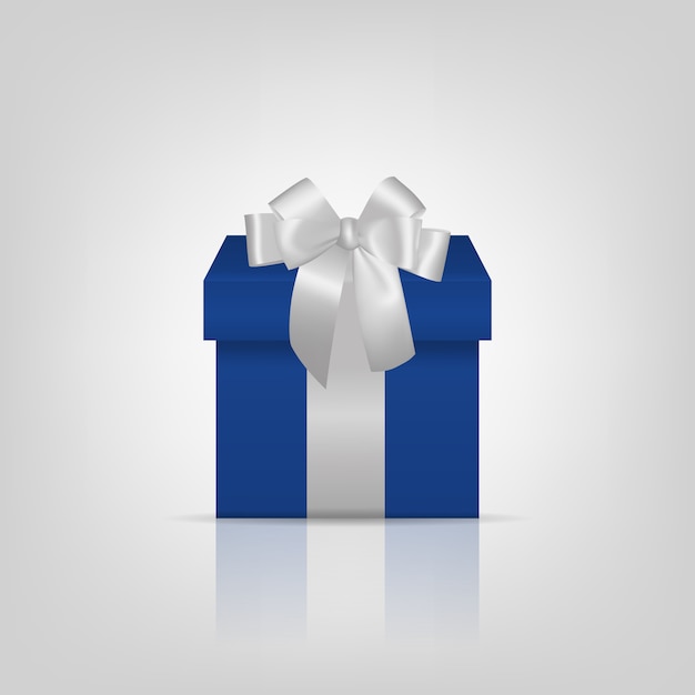 Vector caja de regalo cuadrada azul con cinta plateada y lazo