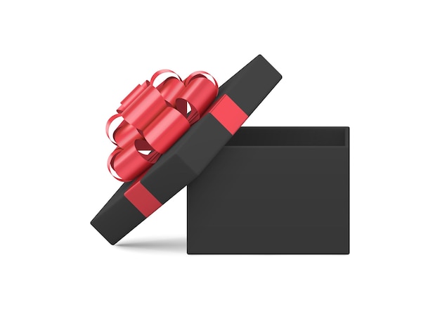 Caja de regalo cuadrada brutal clásica con tapa abierta decorada con cinta de lazo rojo brillante realista 3d
