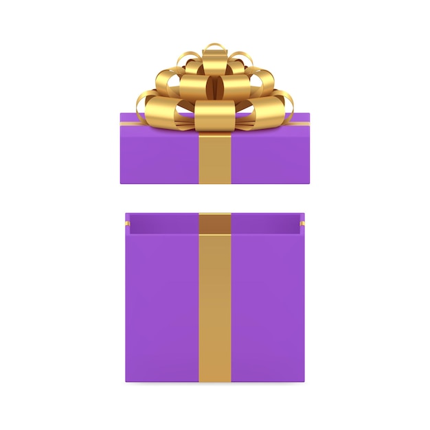 Caja de regalo cuadrada violeta envasado abierto con cinta de arco dorada de lujo icono 3D vector realista