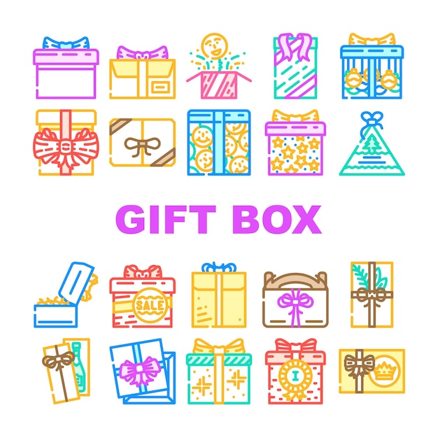 Caja de regalo cumpleaños cinta iconos conjunto vector paquete sorpresa vacaciones arco navidad feliz celebración objeto aniversario caja de regalo cumpleaños cinta color línea ilustraciones