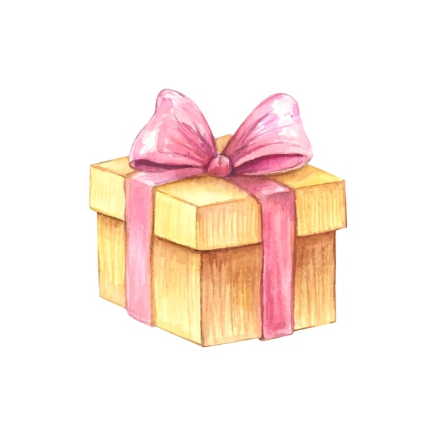 Caja de regalo de cumpleaños dibujo de acuarela regalo de aniversario celebración de vacaciones objeto de arco rosa