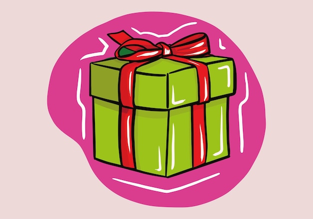 Vector caja de regalo dibujada a mano. caja de regalo verde de dibujos animados con el lazo de satén rojo
