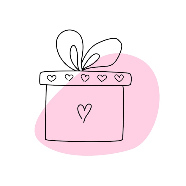 Caja de regalo dibujada a mano con ilustración de vector de estilo de doodle de corazones