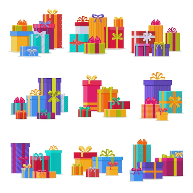 La caja de regalo embala el objeto del saludo del evento de la composición con el ejemplo aislado cumpleaños de la cinta y del arco.