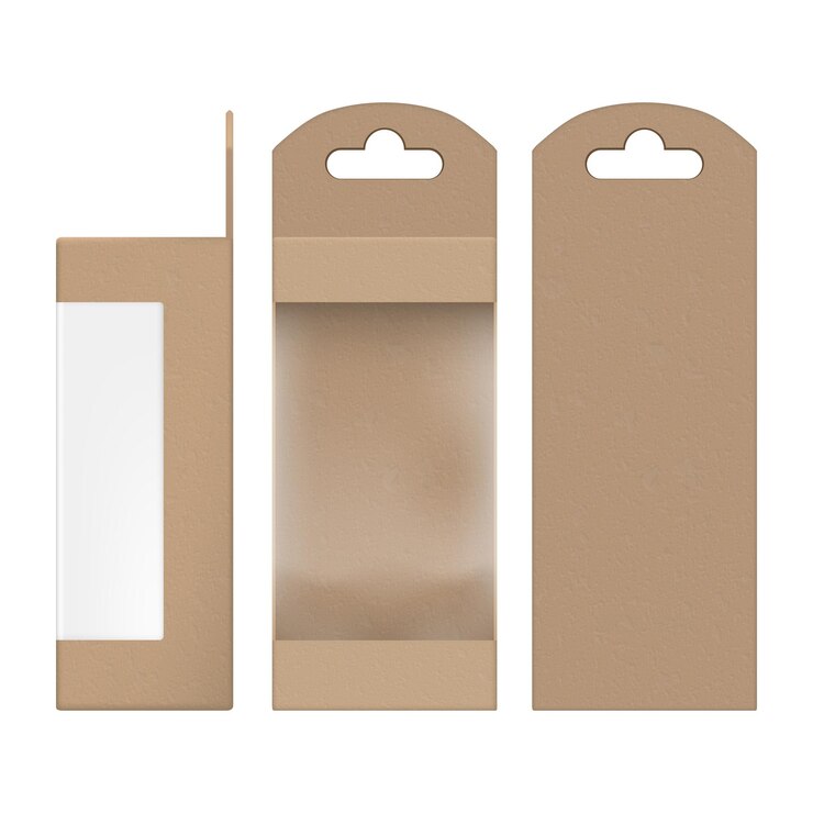 Vector caja de regalo de embalaje de papel marrón artesanal con ventana transparente
