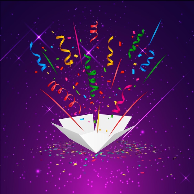 Vector caja de regalo fondo transparente de confeti colorido realista, evento festivo y fiesta.