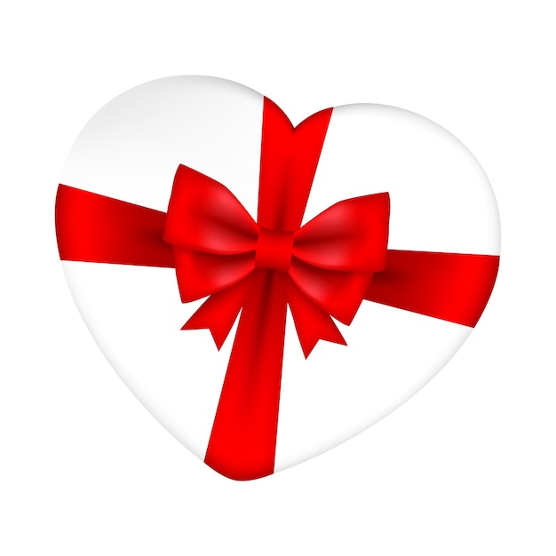 Caja de regalo en forma de corazón vectorial y cinta de satén roja aislada sobre fondo blanco