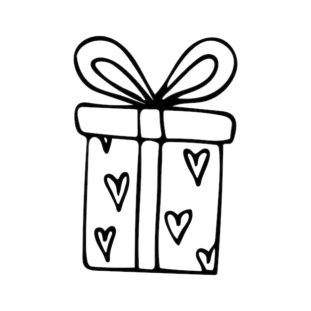 Caja de regalo de garabato dibujada a mano con corazones Lindo regalo con lazo y cinta Vector clipart Esquema