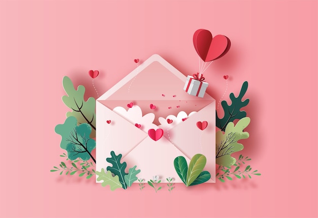 Caja de regalo con globo de corazón flotando con una carta de amor en papel ilustración