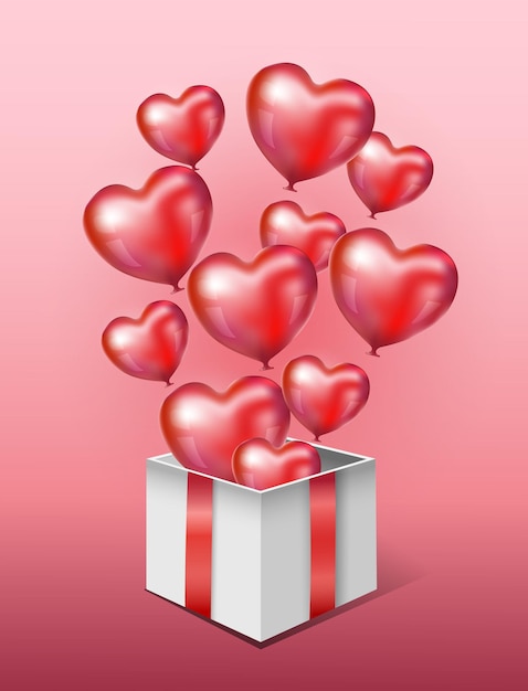 Caja regalo con globos en forma de corazón