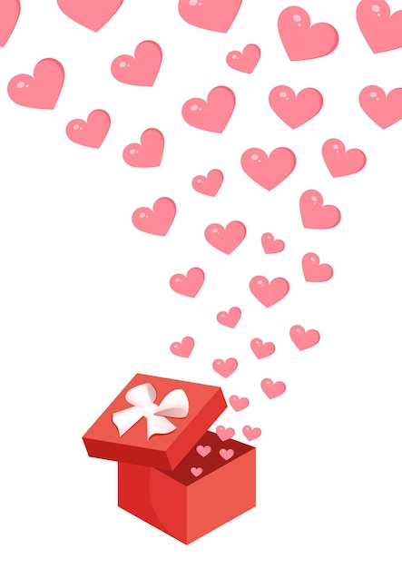 Caja de regalo con globos en forma de corazones Ilustración vectorial para el día de San Valentín para postal