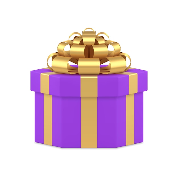 Caja de regalo hexagonal envuelta en púrpura con cinta de arco dorada de lujo icono 3D vectorial realista