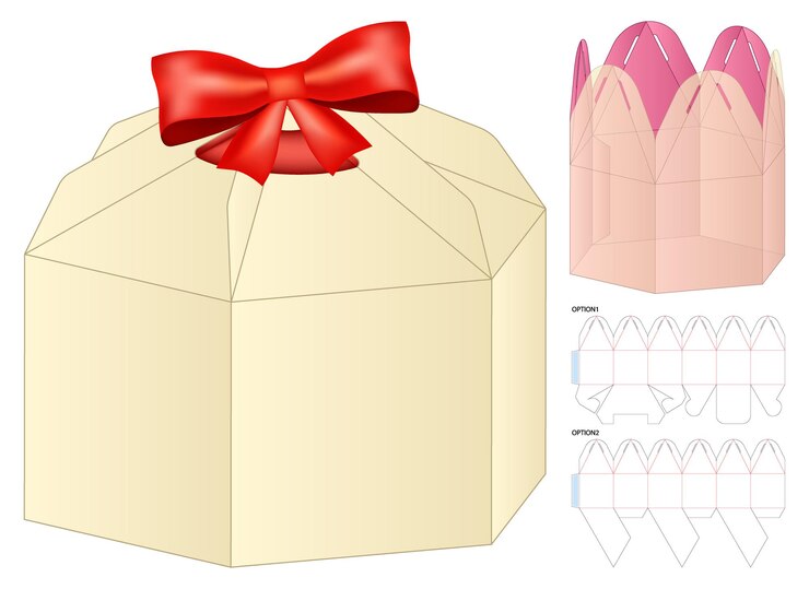 Vector caja de regalo hexagonal plantilla de línea de arco rojo