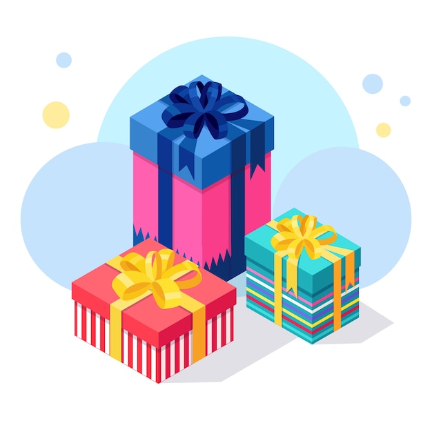Caja de regalo isométrica 3d, presente con cinta, lazo.