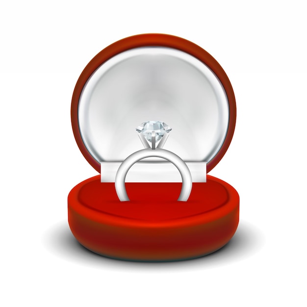 Caja de regalo de joyería abierta de terciopelo rojo redondo claro con anillo de diamantes