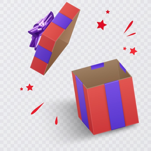 Caja de regalo con lazo morado, Caja de regalo cuadrada con cinta y lazo aislado en blanco, formato vectorial