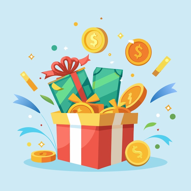 Caja de regalo llena de monedas de oro y una cinta Celebra el éxito con riquezas