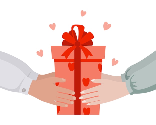 Caja de regalo y manos masculinas y femeninas. Diseño para el día de San Valentín. Ilustración festiva, vector