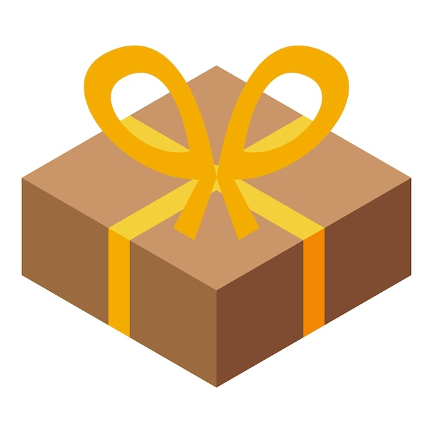 Caja de regalo marrón atada con un icono isométrico de cinta amarilla