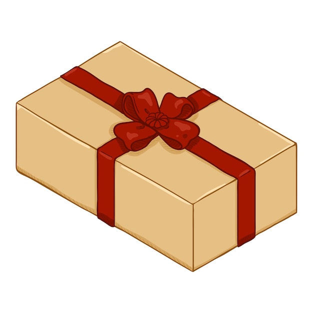 Caja de regalo marrón de dibujos animados de vector con cinta roja y arco