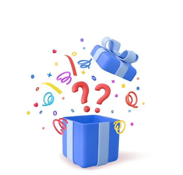 Caja de regalo misteriosa 3d Caja de regalo abierta con un signo de interrogación Regalo afortunado u otra sorpresa Representación 3d Ilustración vectorial