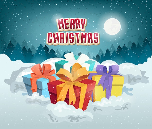 Caja de regalo de Navidad en la tarjeta de felicitación de nieve