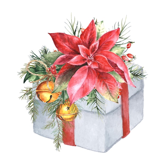 Caja de regalo navideña de acuarela con poinsettia y campanas