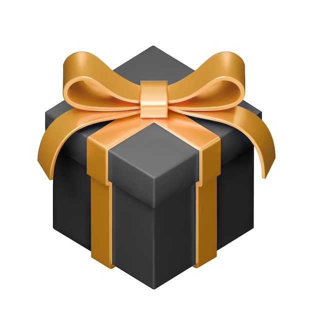 Caja de regalo negra en 3D con ilustración vectorial de arco dorado Caja de regalos de renderización realista