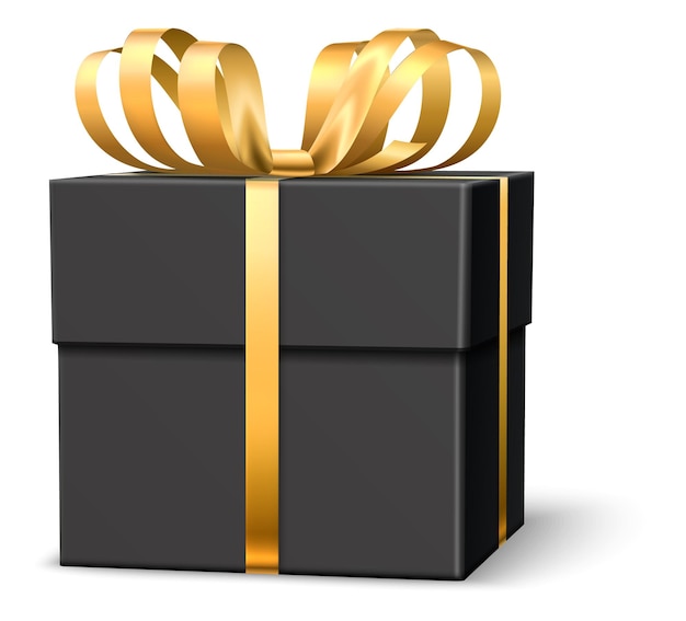 Caja de regalo negra realista con un lazo de cinta dorada