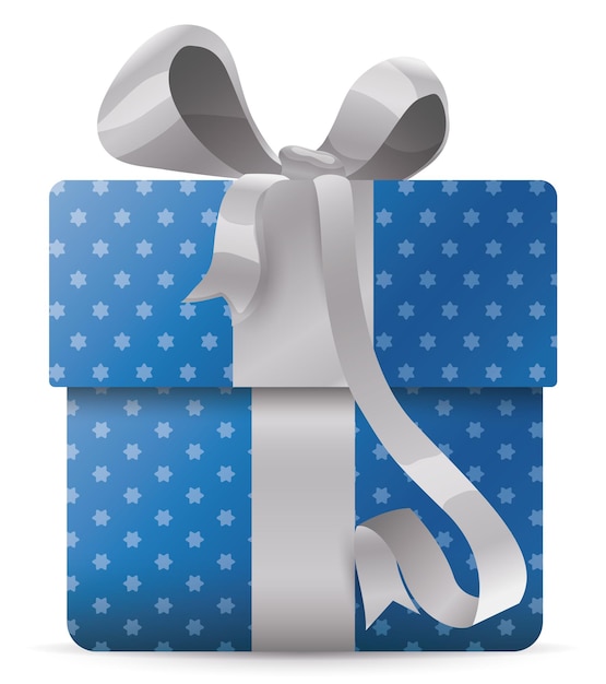 Caja de regalo con papel brillante azul y estrellado con motivos decorados y cinta plateada y lazo.
