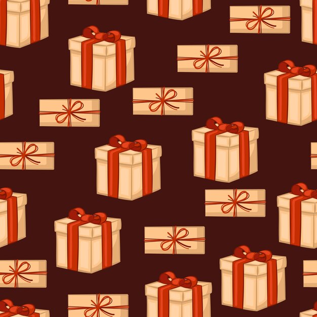 Caja de regalo en patrones sin fisuras de fondo marrón