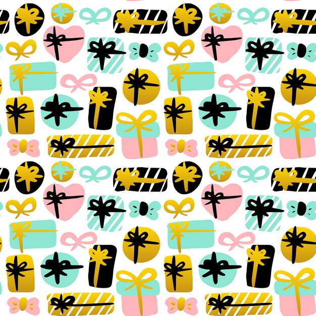 Caja de regalo de patrones sin fisuras. Ilustración de vector de fondo de saludo de moda.