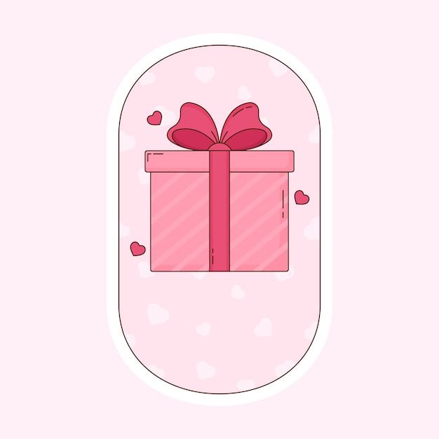 Caja de regalo plana con corazones sobre fondo rosa ovalado