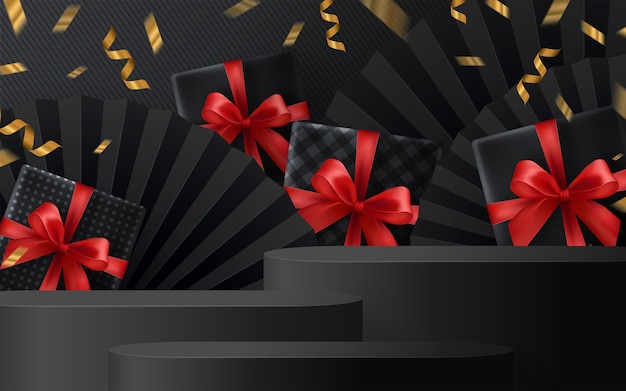 Caja de regalo de podio redondo de viernes negro, cinta roja y cinta flotante dorada con estilo artesanal en el fondo.