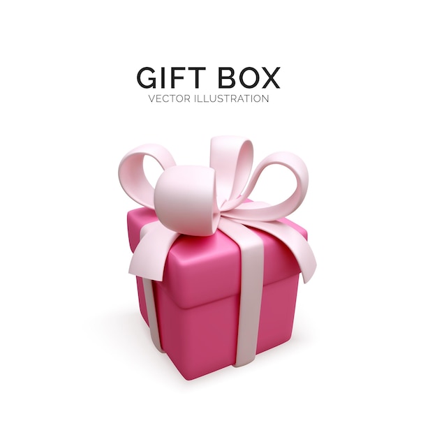 Caja de regalo realista aislada sobre fondo blanco. Render 3D caja sorpresa cerrada vacaciones con cinta rosa. Caja roja presente. Ilustración vectorial