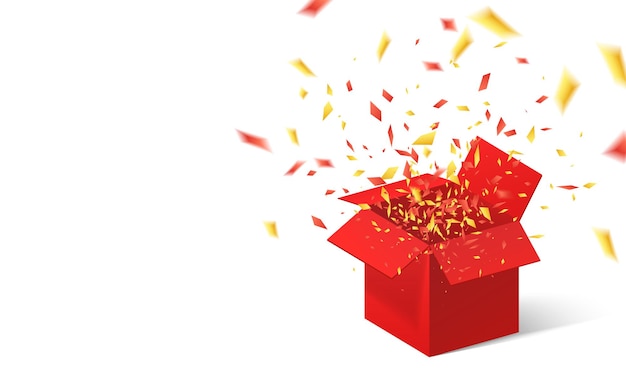 Caja de regalo roja abierta y confeti.