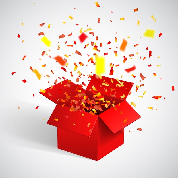 Caja de regalo roja abierta y confeti.