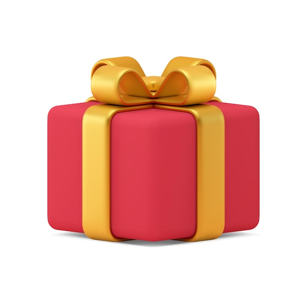 Caja de regalo roja arco dorado cinta festivo presente sorpresa 3d icono realista vector ilustración
