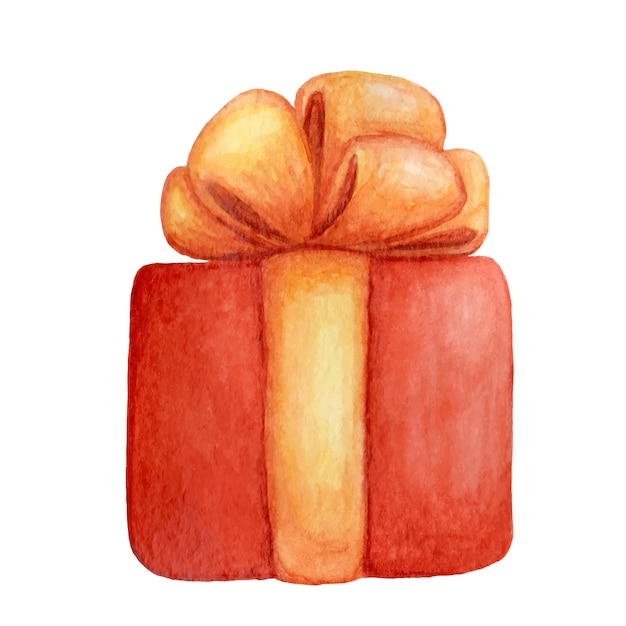 Caja de regalo roja decorada con un lazo amarillo. Dibujo de acuarela. Un gif de Navidad o Año Nuevo.